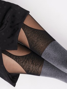 Collants chaussettes gris effet porte-jarretelle noir